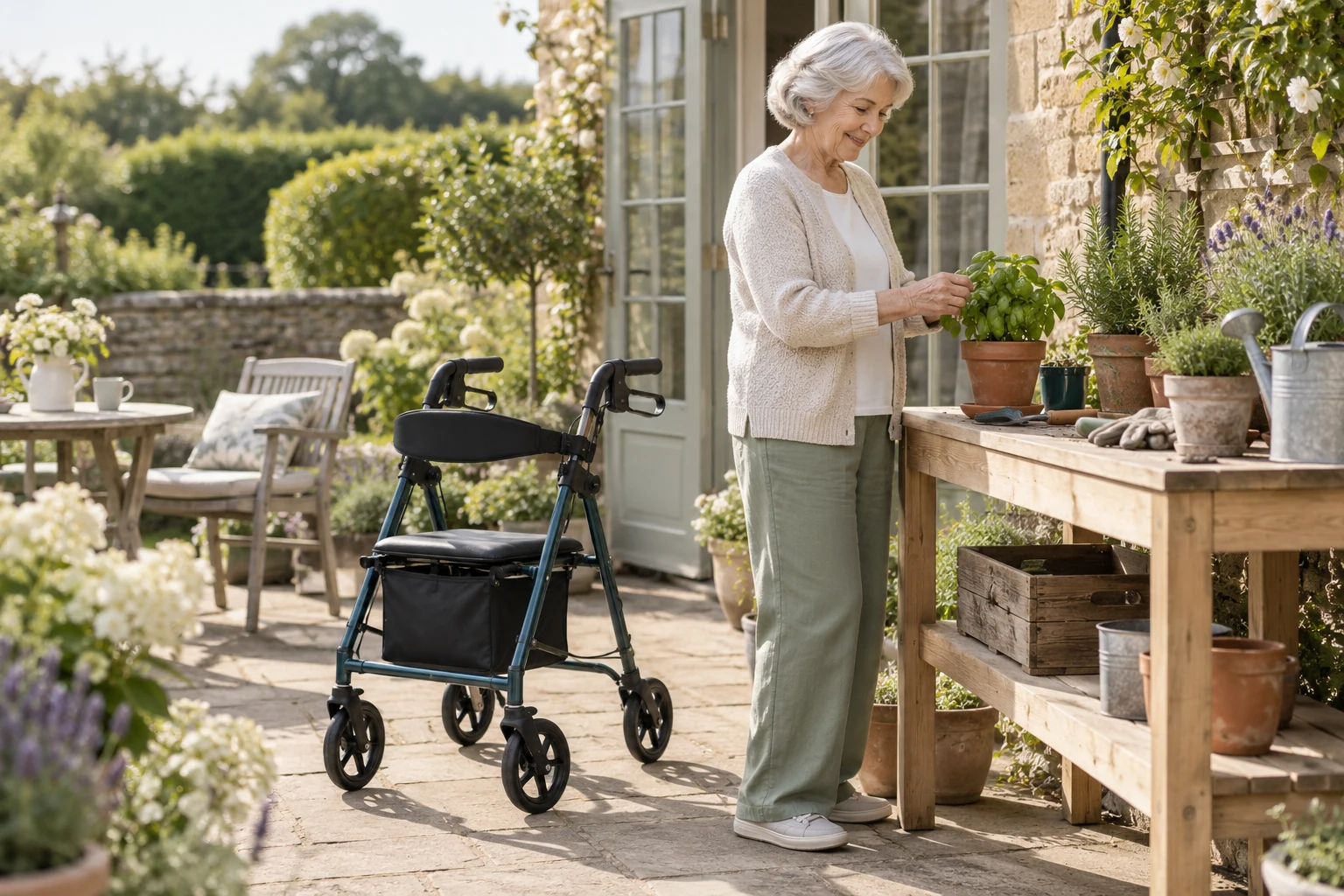 A woman tending herbs on her garden patio with a walking aid nearby